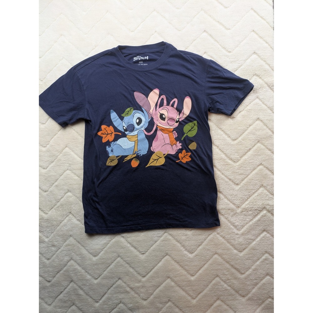 Disney Lilo & Stitch Angel Autumn Fall Graphic T-Shirt Navy Blue Small